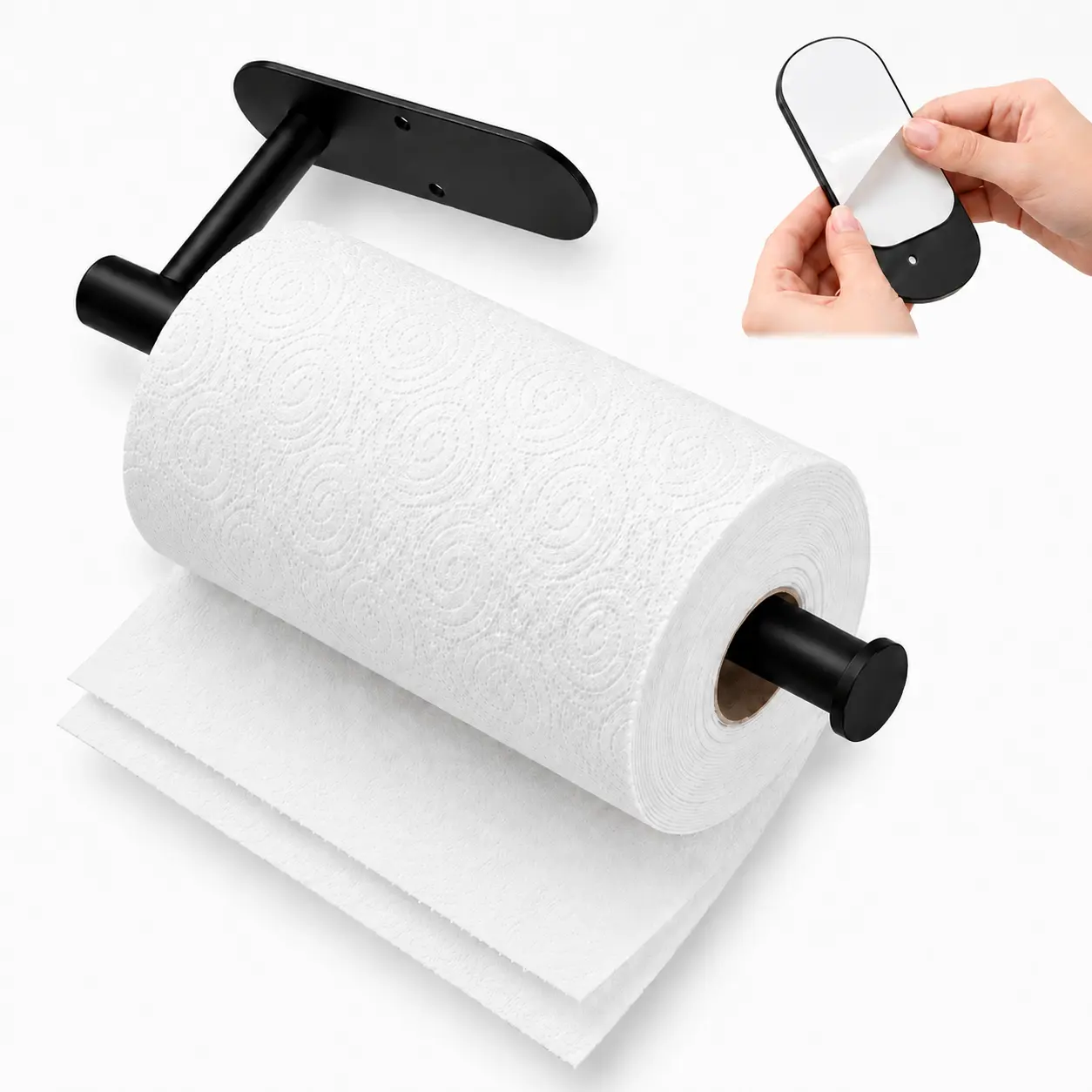 Under Cabinet Paper Towel Holder, Self Adhesive or Screw Mount Wall Paper Towel Roll Holder for Kitchen, Bathroom, Laundry Room, RV, Grill, Matte Black