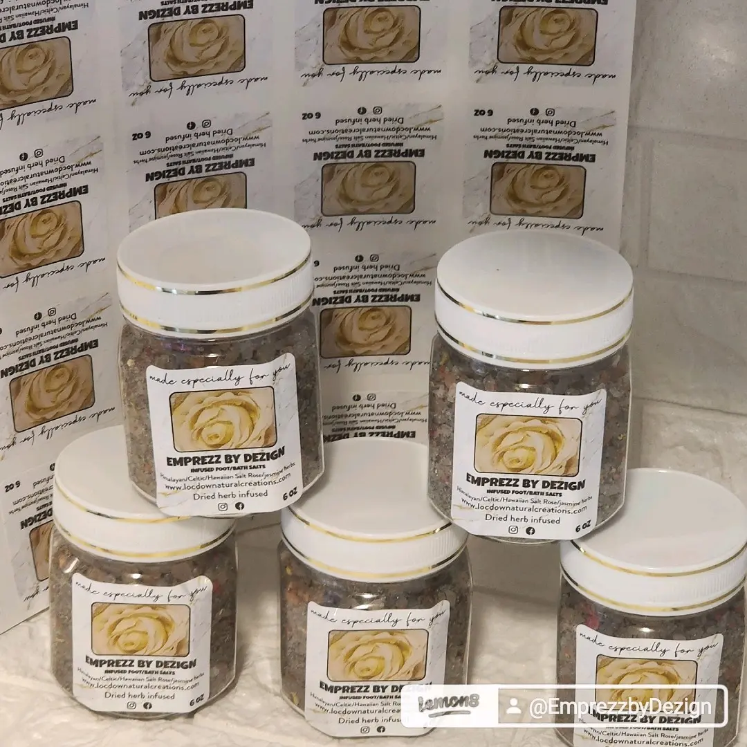 Infused Bath salts   & foot soak Salts each jar has a mixture of 5 ingredients  pink salt,celtic salt Pink Hawaiian salt, jasmine petals, infused lavender and peppermint oils dried fruit peels.