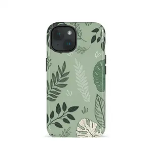 Mint green leaf design pattern, durable and shock-absorbing glossy 2-in-1 phone case, suitable for iPhone 17 16 15 14 13 12 11 X, Samsung and other series models, can be given as a holiday gift to friends or home