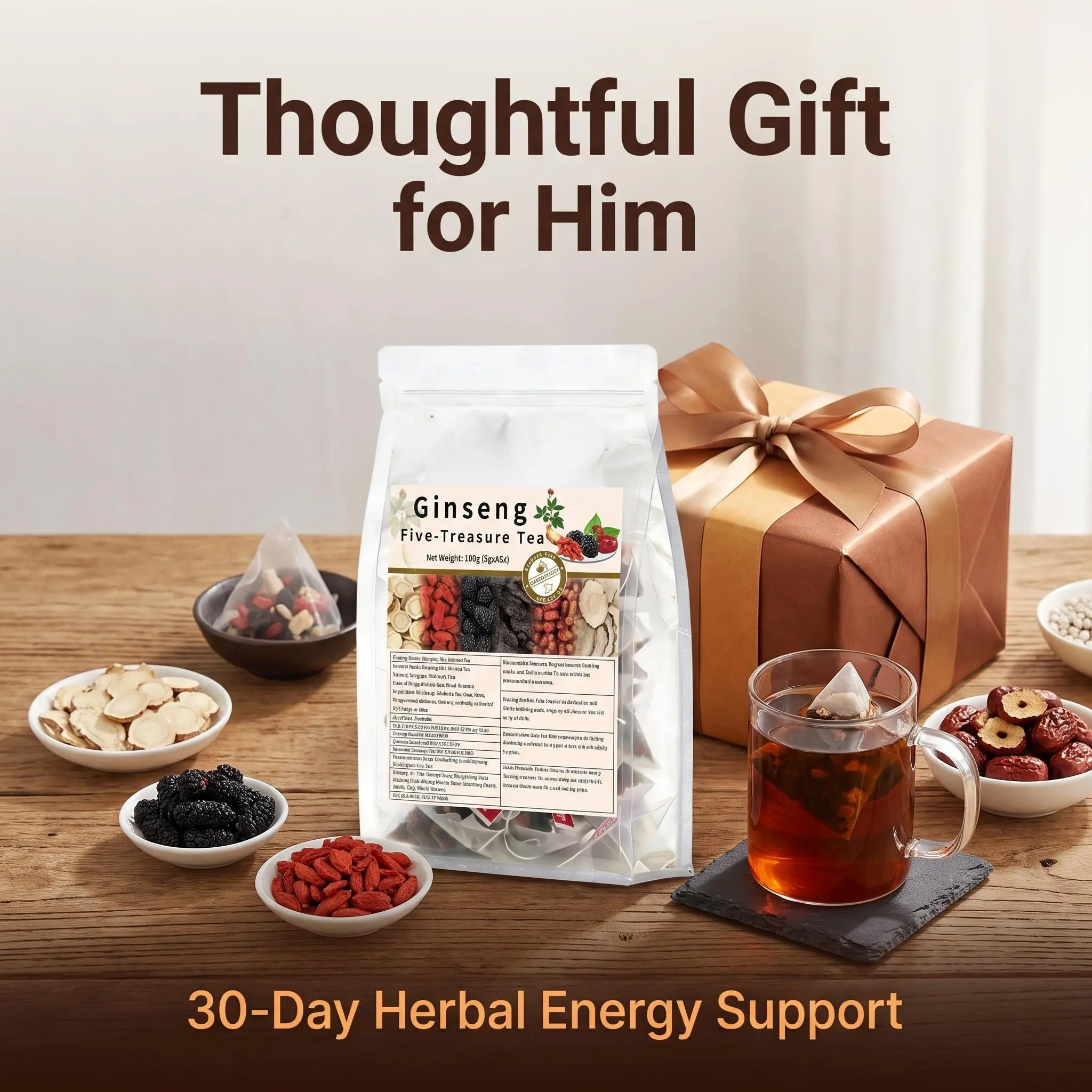 30 Packs Ginseng Five-Treasure Herbal Tea, No Caffeine, Daily Energy Support for Men