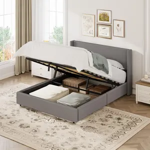 Bed Frame with Lift Up Storage, Corduroy Upholstered Platform Bed with Wingback Headboard, Wooden Slats Support, No Box Spring Needed, Hydraulic Support