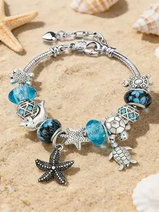 Classic Blue Ocean Series Sea Animal Bracelet, Antique Silver Starfish Turtle Dolphin Shell Animal Beaded Bracelet, Casual Beach Gift