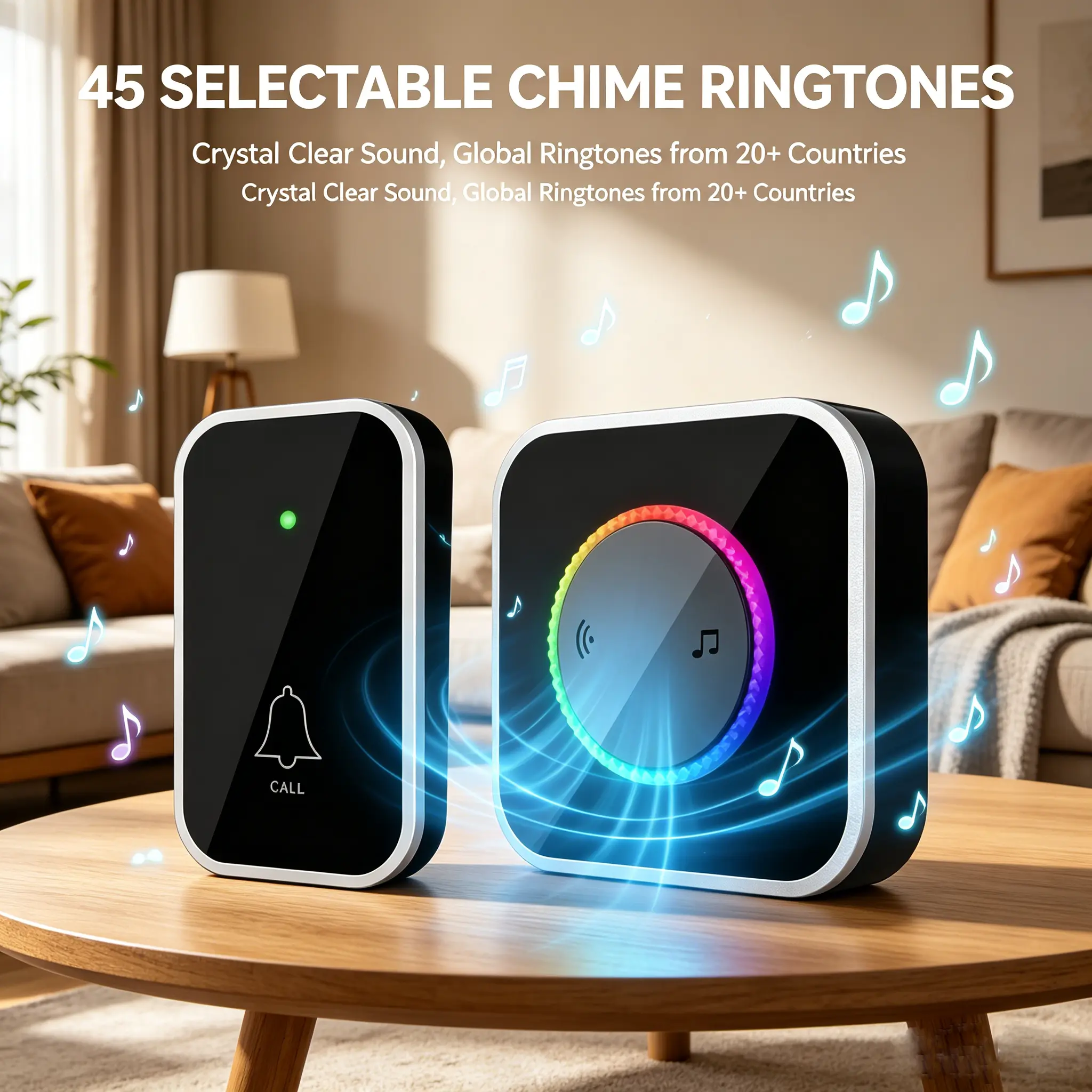 Black Wireless Doorbell Chime Kit - 1000ft Long Range, Waterproof, Easy Installation, 45 Chime Alerts, Adjustable Volume, Colorful LED, Battery-Powered Home Essential for Home, Dorm Room (Batteries Included)