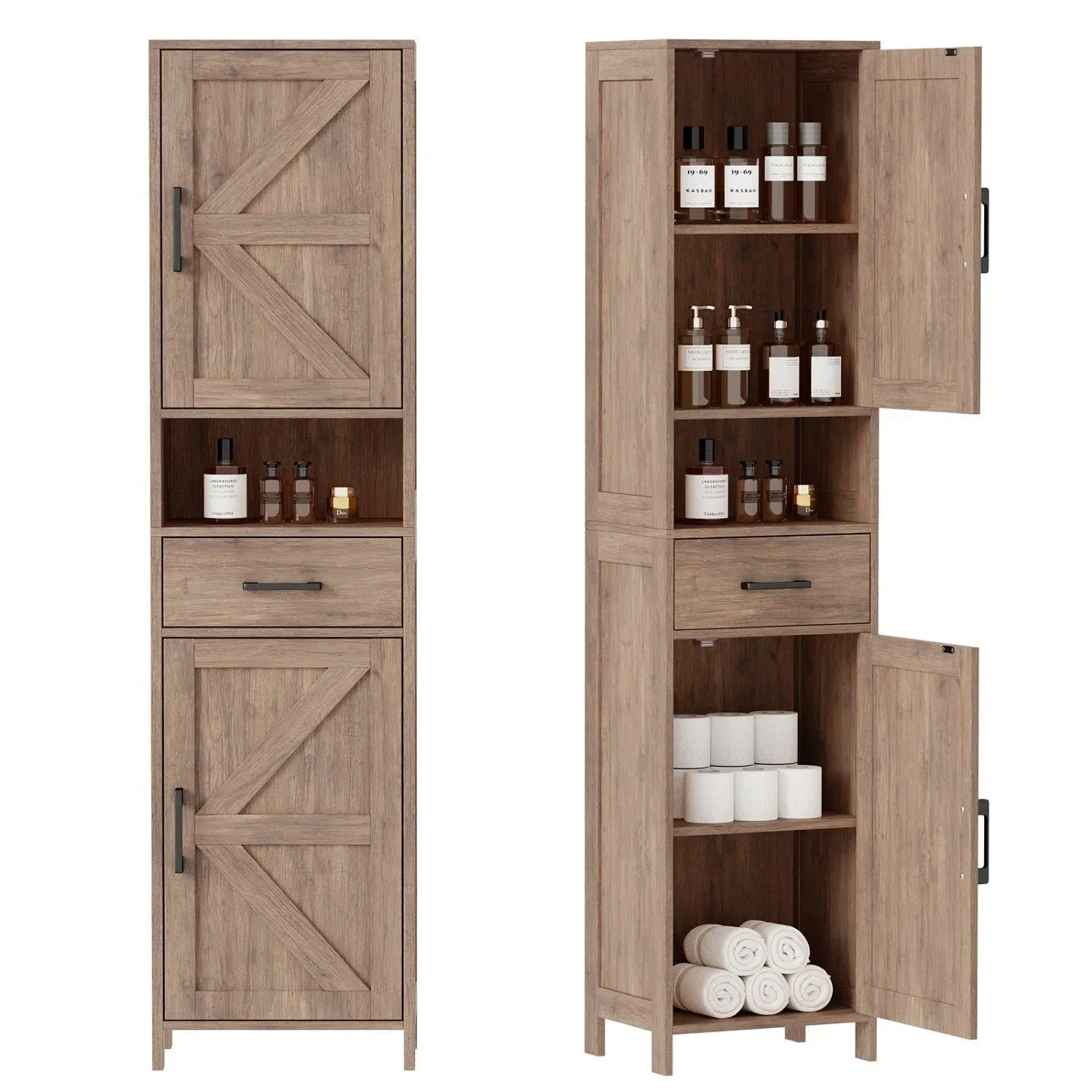 Anti-Tip Tall Storage Cabinet with 2 Barn Doors and 1 Drawer, Narrow Floor Unit with Adjustable Shelves for Bathroom Kitchen Entryway