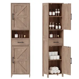 Anti-Tip Tall Storage Cabinet with 2 Barn Doors and 1 Drawer, Narrow Floor Unit with Adjustable Shelves for Bathroom Kitchen Entryway