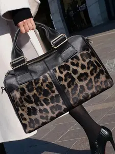 Women's Fashion Leopard Print Cowhide Handbag, Casual Versatile Zipper Shoulder Bag, Trendy All-match Commuter Bag, Leather Satchel