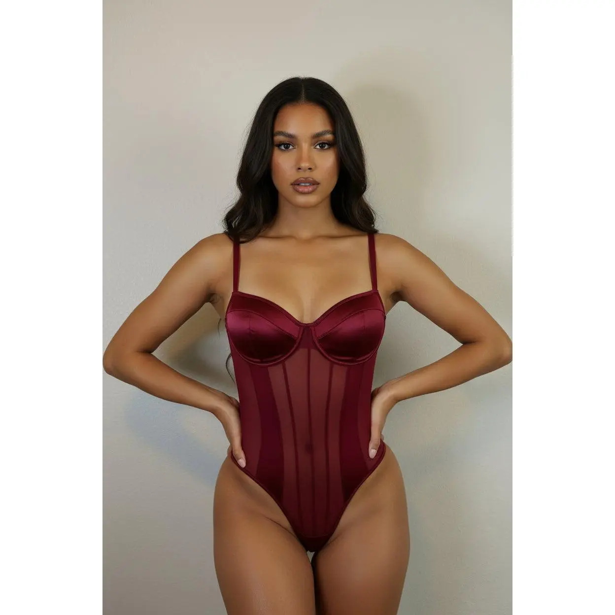 Bodysuit Corset Mesh Bustier with Underwire and Thin Straps