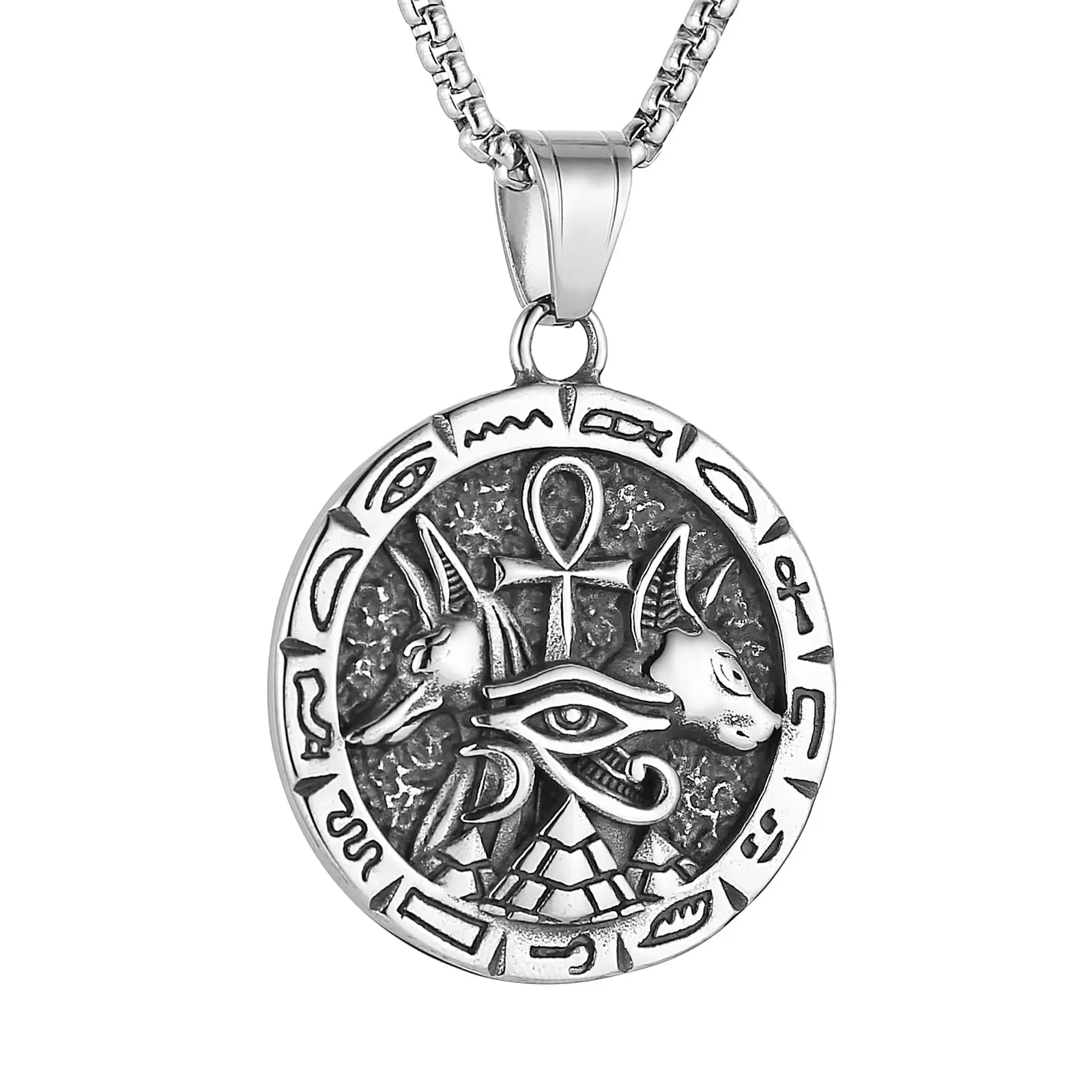 HZMAN Ancient Egyptian Symbol Necklace for Men Women Stainless Steel Retro Eye of Horus Pyramid Coptic Ankh Cross Anubis Round Pendant Necklace