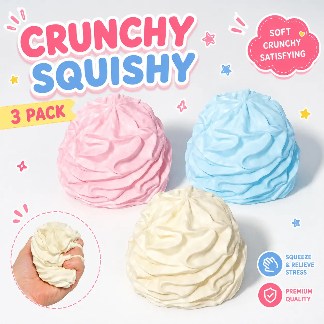 3 pcs Cream Roll Crunchy Squishy Fidget Toy, Slow Rebound Squeeze Toy, ASMR Smoothie Squeeze Toy, Dessert Sensory Gift Toy for Teens and Adults