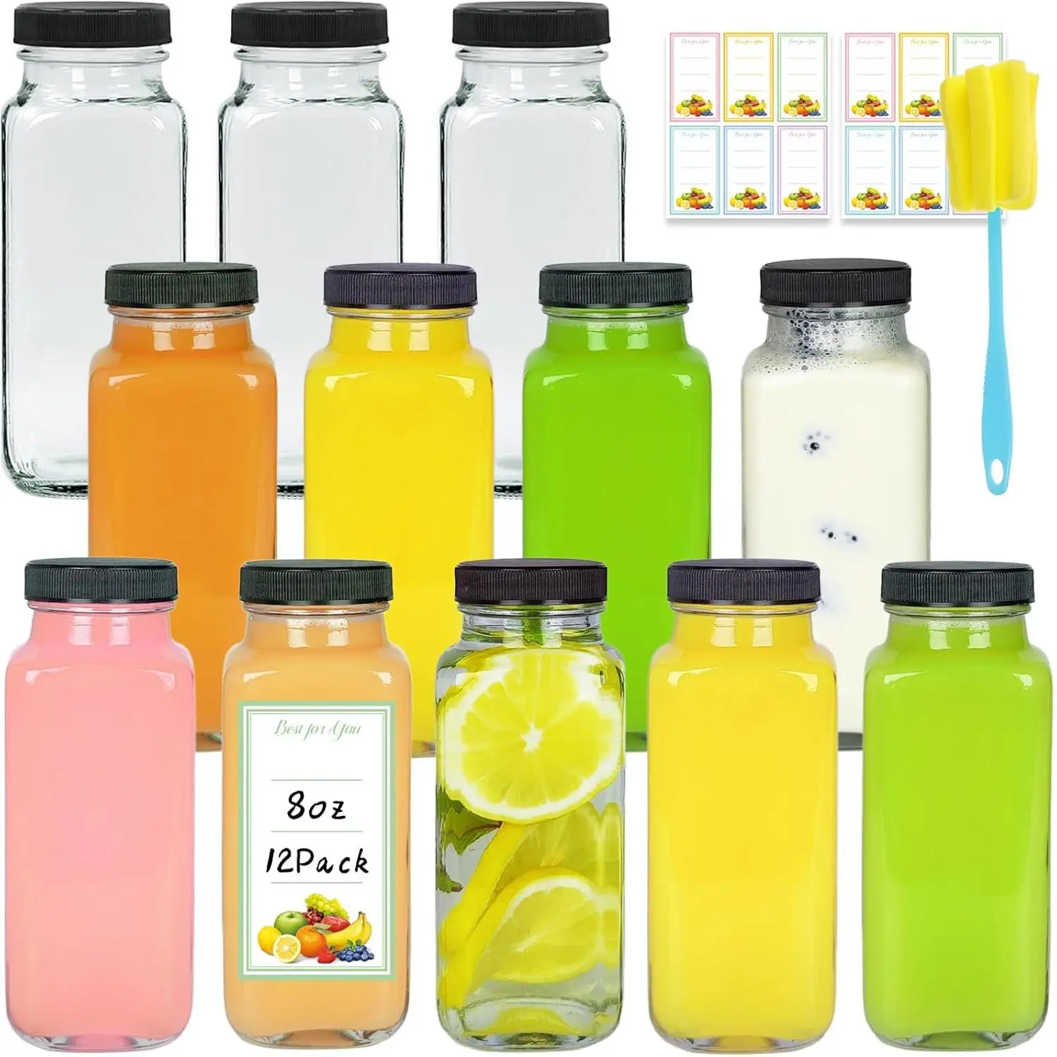 12 Pack 8oz Glass Juice Bottles with Lids, 250ml Reusable Glass Juicing Bottles, Square Drinking Jars Drink Containers with Caps for Water, Milk, Ginger, Kombucha, Beverages