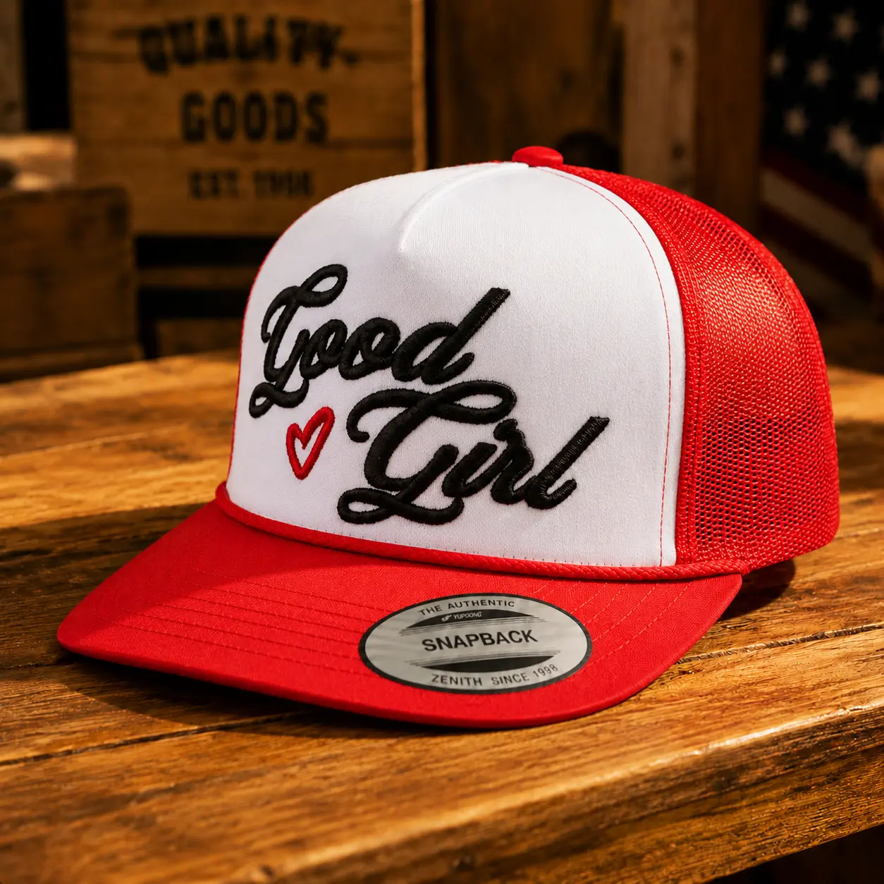 Good Girl Embroidered Trucker Hat Pink Mesh Snapback Cap Cute Script Baseball Hat Adjustable Casual Gift for Women