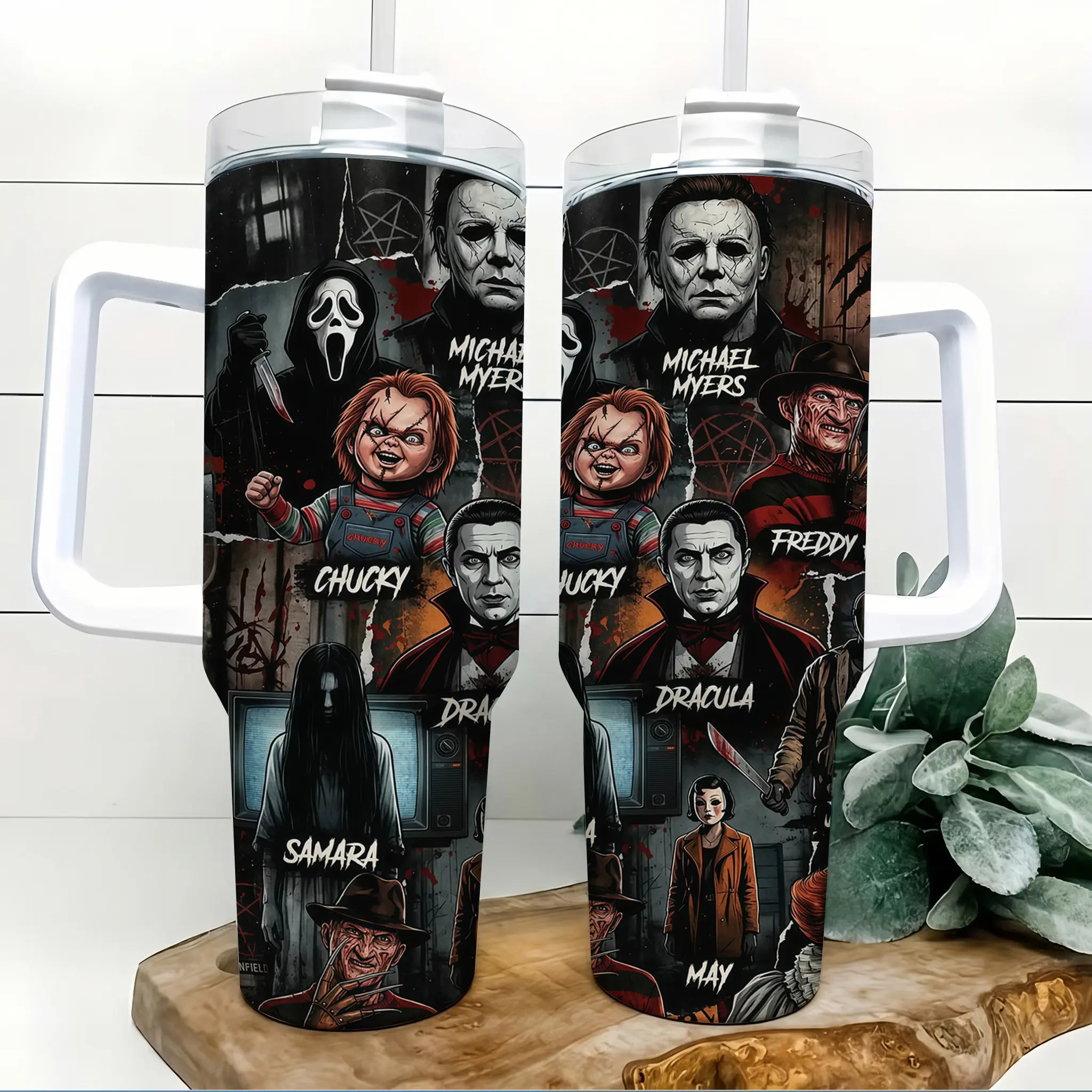 Classic Horror Icon Collage 40oz Insulated Tumbler with Handle and Straw Scary Movie Villain Masked Killer Doll Vampire Art Stainless Steel Water Bottle Travel Mug for Gym Car Commute Halloween Birthday Gift
