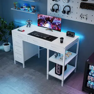 White Computer Desk, 47" & 55" w/ 6 Drawers & Adjustable Shelves, for Home Office Gaming Writing
