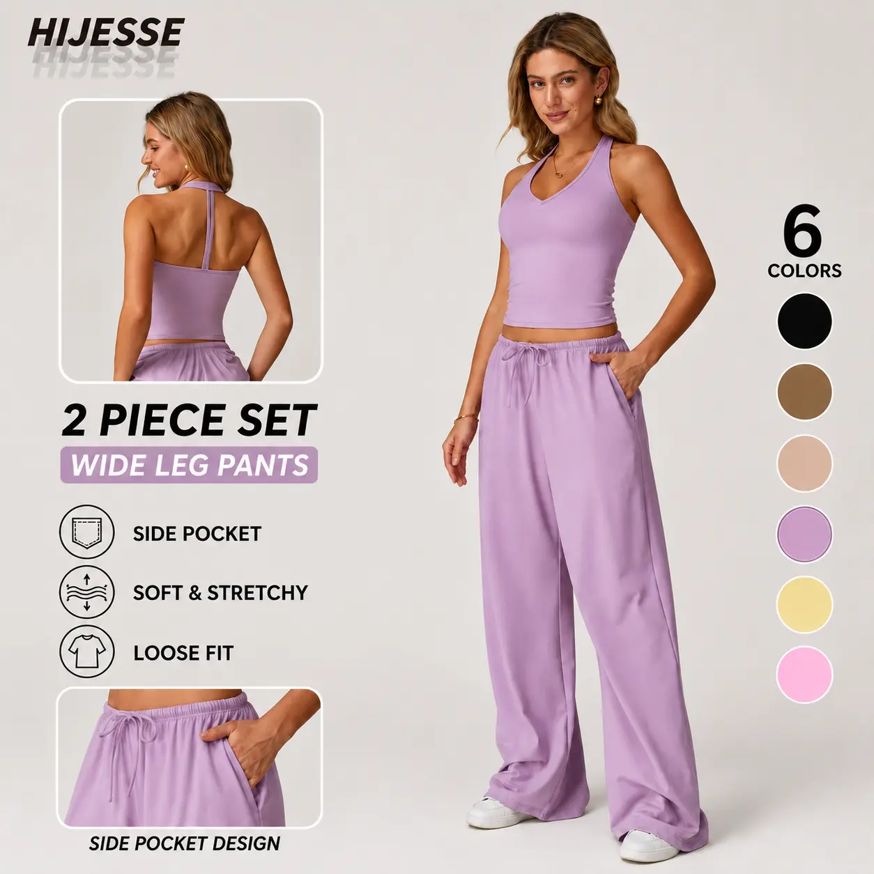 Hijesse  Women's Spring Summer Casual Solid Color Pocket Set, Sleeveless Top & Loose Pants, Comfortable for Daily & Work Wear