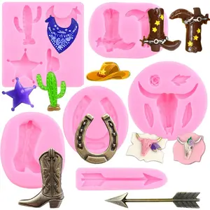 Silicone Molds,Feather Arrow,Cowboy Boots,Horseshoe Hoof Fondant Mold,Chocolate,Cactus,Star Shoe Mold For Candy,Cake Decorating,Cupcake Topper,Gum Paste,Polymer Clay Set Of 6