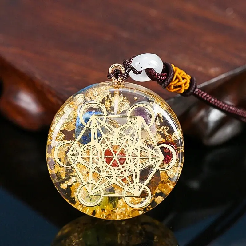 [LuckyVibes Studio]Orgonite Metatron 7 Chakra Energy Necklace Protection Pendant Cube Pendant Necklace for Men and Women's Gift Genuine Stones hip hop necklace gifts for your mom