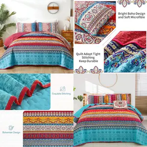 3 Pieces Bohemian Quilt Set Queen Size, Boho Striped Pattern Quilts Bedspread Set for All Season, Soft Microfiber Bedding Coverlet Set Breathable Duvet Set