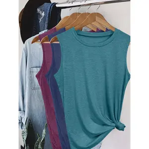 Women's Solid Round Neck Tank Top, Casual Sleeveless Top for Daily Wear, Ladies Clothes for All Seasons 0 Y2K