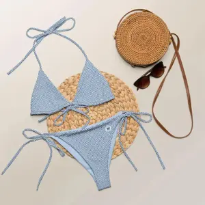 Women Greek Key Print Bikini Set Triangle Halter Top String Bottom Summer Beach Swimsuit Vacation Swimwear Tanning Bathing Suit Cute 2 Piece Set Loose Comfy