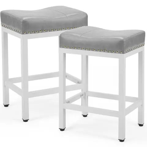 Faux Leather Stools, 2-Pack 24-Inch Counter Height Armless Ergonomic Saddle Seat - Durable Metal Frame, Heavy Duty Home Bar Furniture, Easy Assembly Required, Farmhouse Modern Indoor Kitchen Coffee Bar Chairs