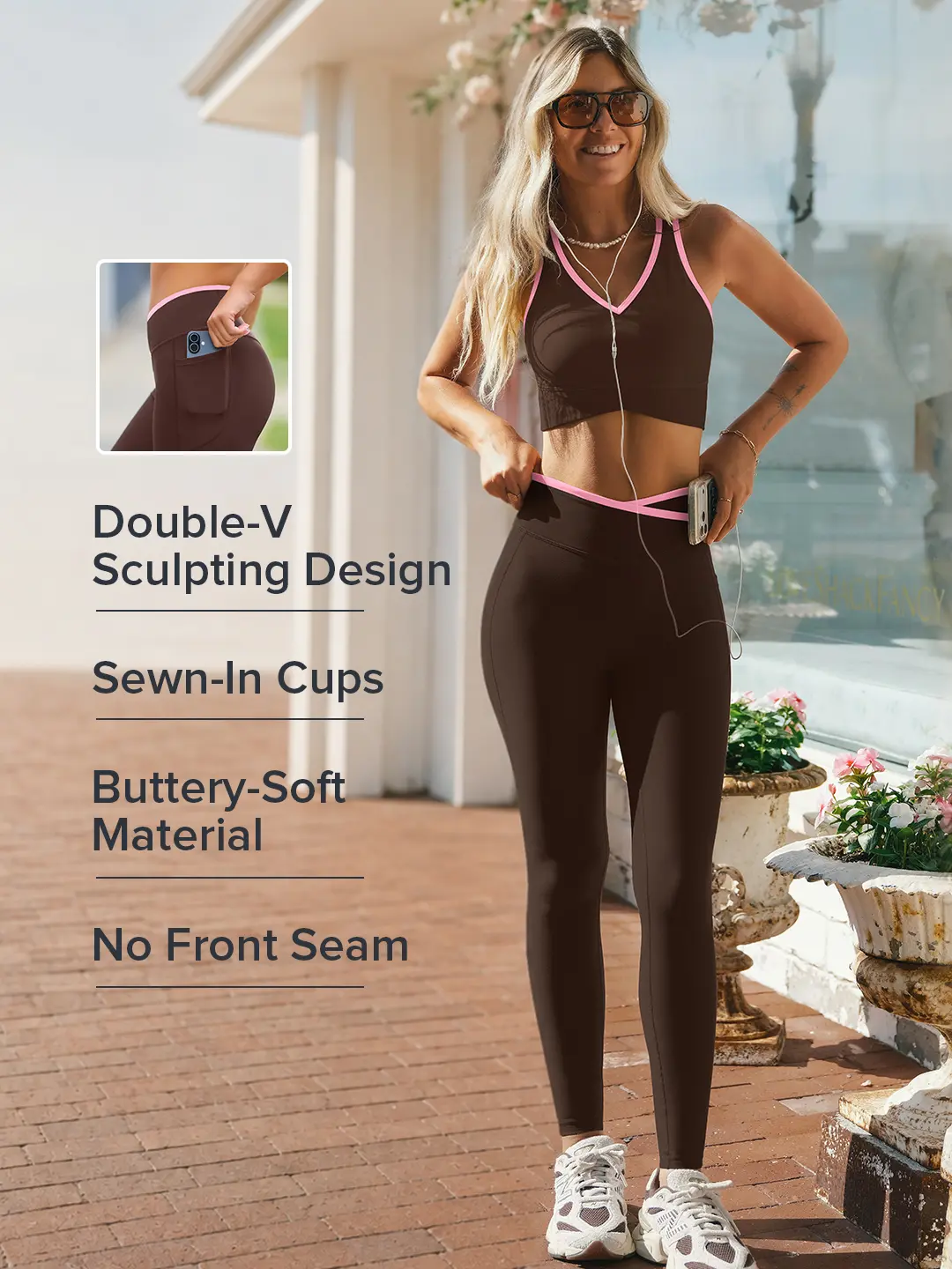 POPVIL Active Women's Double-V Sculpting Design Workout Yoga Set, High Waisted Pocket Leggings & Racerback Sports Bra Soft Stretch Workout, Gym Yoga Fitness Outfit with Sewn-in Pads, Casual Fitness Sportswear, Gym Set