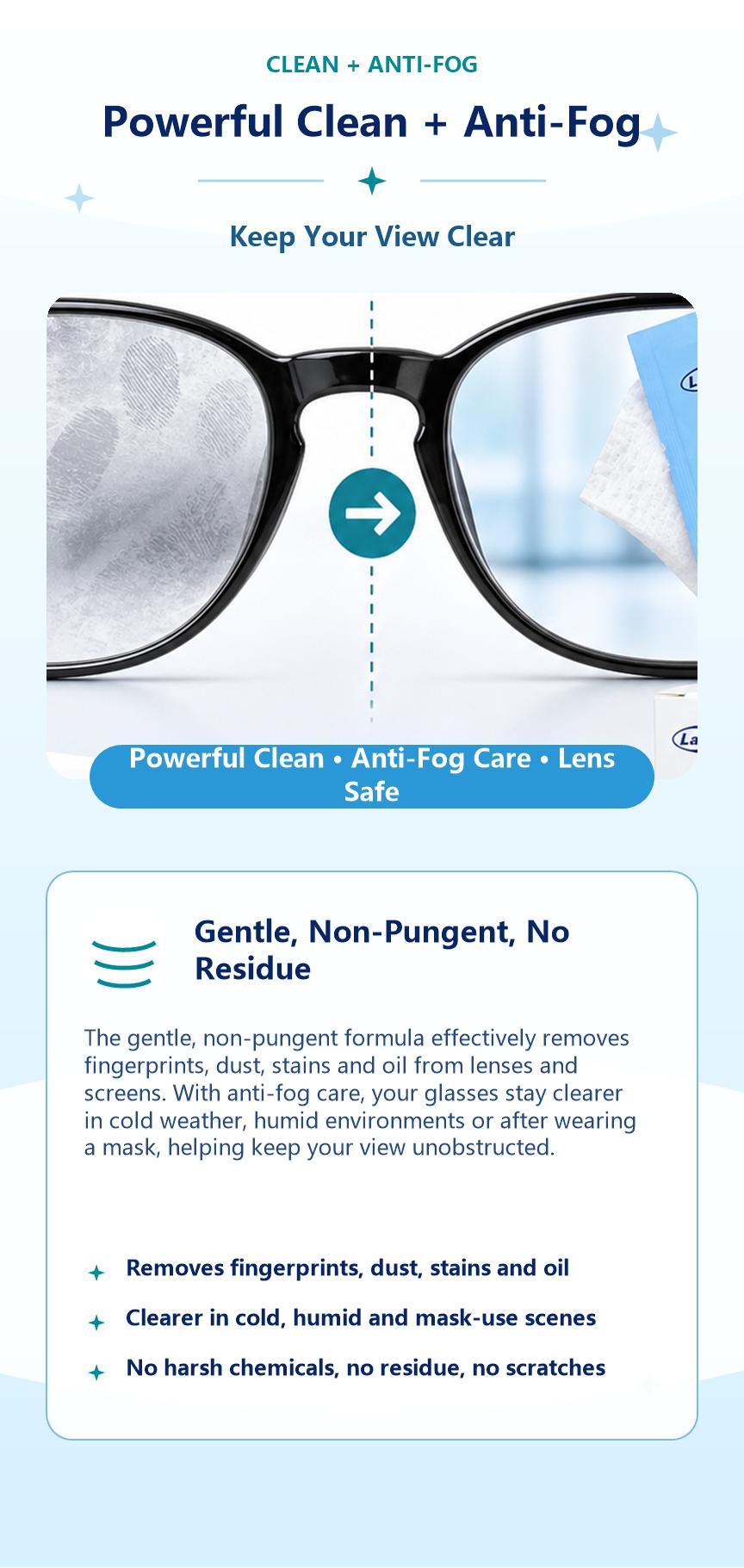 50Pcs Anti-Fog Lens Wipes, Portable Individually Packed Lens Cleaning Wipes for Eyeglasses, Sunglasses, Screens, Camera Lenses, Anti-Fog Wipe Surfaces Compatible