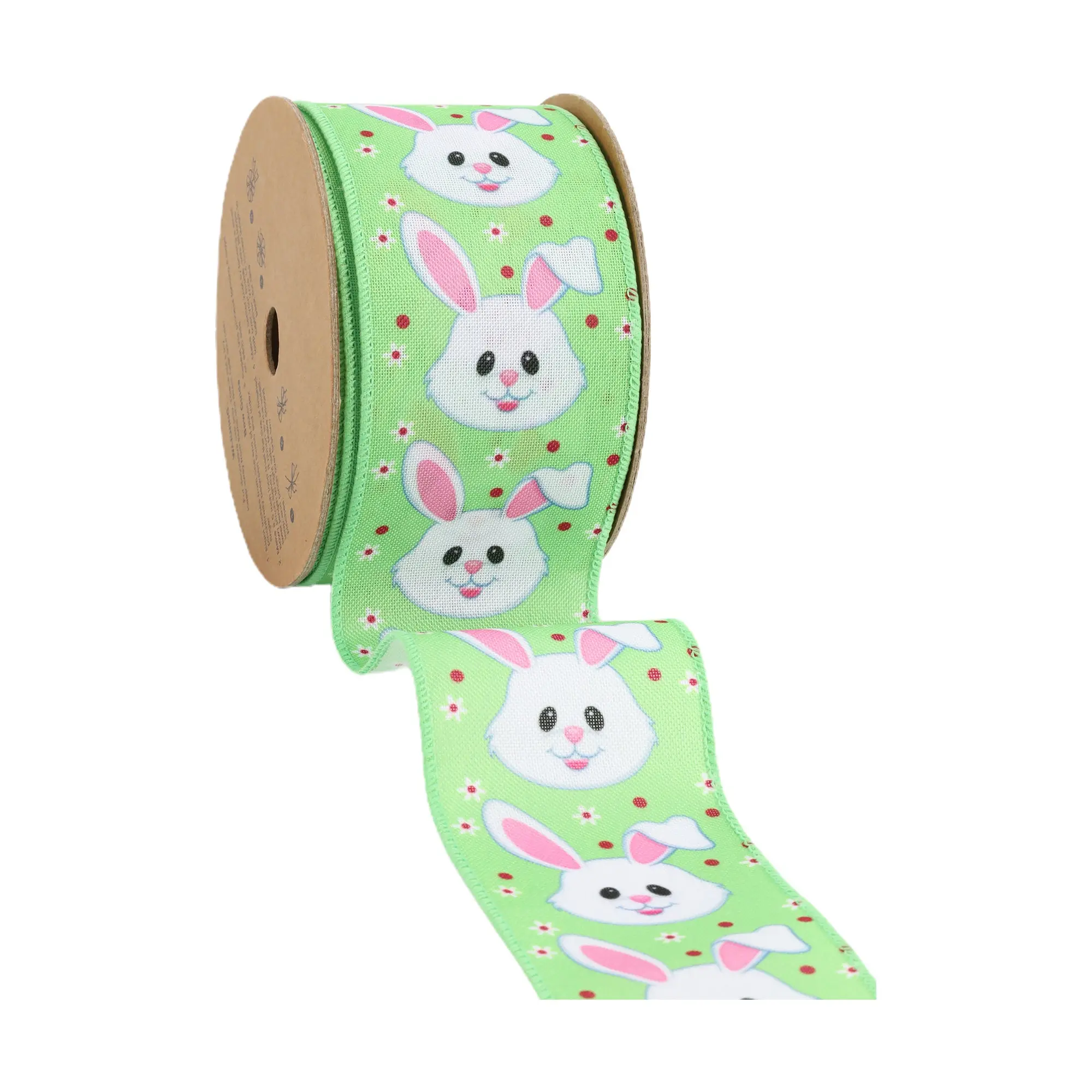 2 1/2 Wired Ribbon | Green w/ Bunny Face | 10 Yard Roll Spring decor Easter Day decor Valentine’s Day decor wrapping gifts