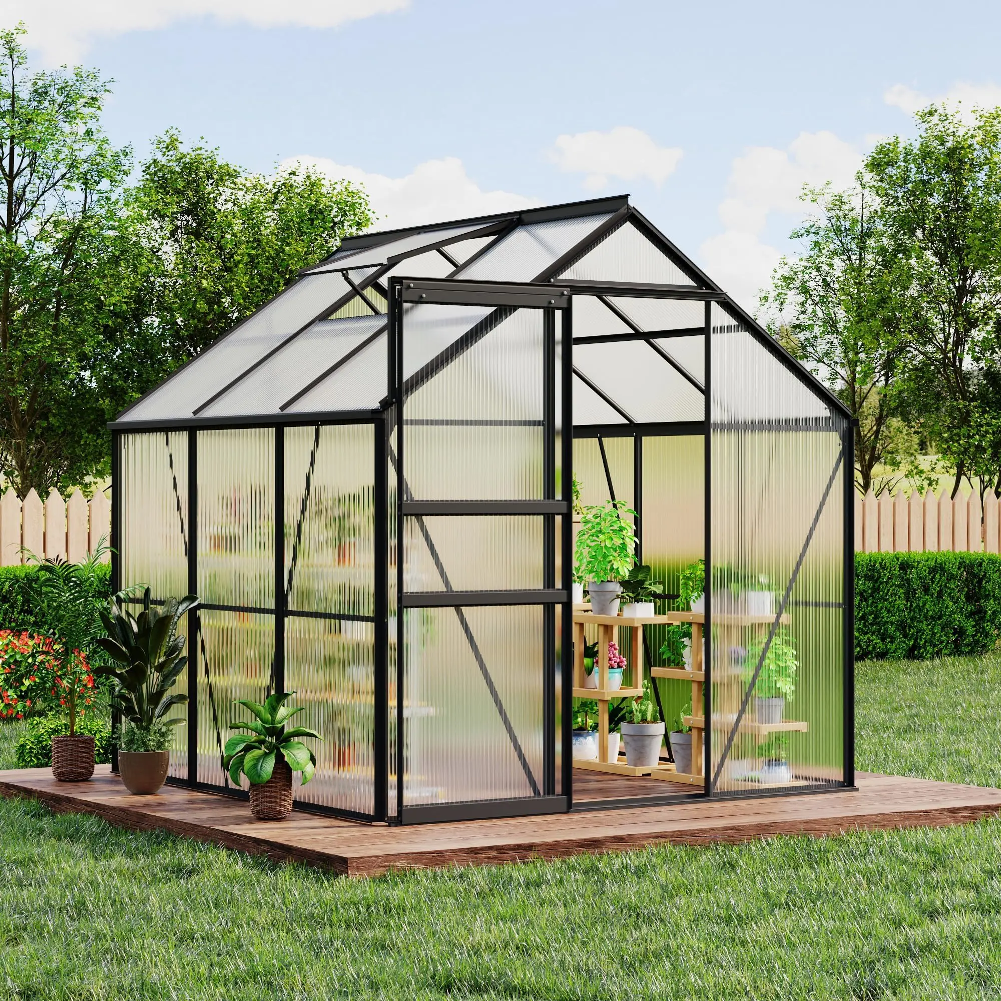 Garvee 6x6 FT Heavy Duty Polycarbonate Walk-in Greenhouse - Sturdy Aluminum Frame, Sliding Door, Adjustable Roof Vent, Rain Gutter, Natural Light Design, Complete Kit for Gardeners' Year-Round Patio Gardening (Ventilation Included), Innovative Slide-In Pa