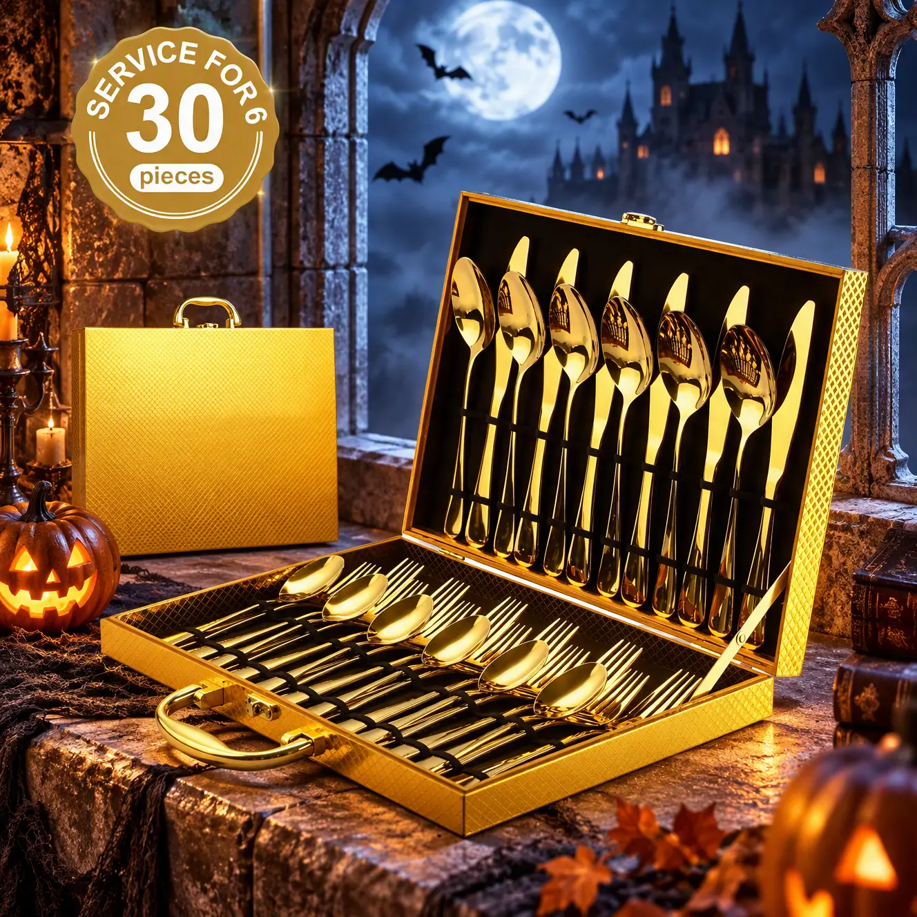【Fall Halloween】6-Person 30-Piece Golden Stainless Steel Flatware Set - Sturdy Stylish Kitchen Tableware, Modern Utensils Set with Mirror Polishing, Smooth Curves, Exquisite Wooden Gift Box, Ideal for Weddings, Daily Use