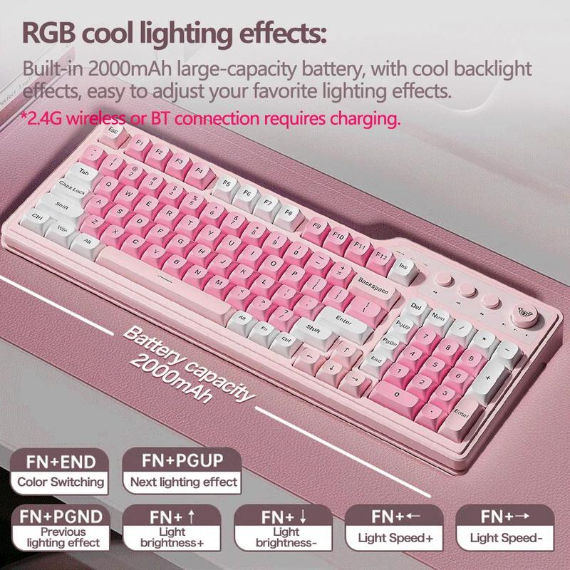 AULA F3099 three-mode, Rechargeable keyboard, 99-key layout, RGB lighting effects, color matching keycaps, ergonomic design, large-capacity battery, light-tone keys suitable for office use, multi-device compatible, plug-and-play, available for computer
