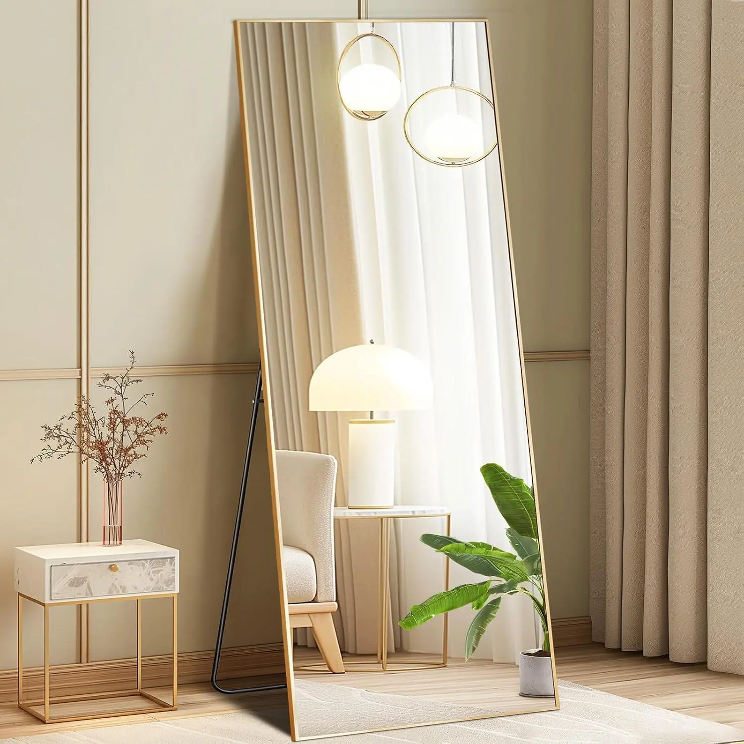 Full Body Mirror with Stand, 21x56 Inches Floor Mirror, Shatterproof Nano Glass with Aluminum Alloy Frame, Oversized Full Length Mirror for Bedroom, Living Room, Cloakroom, Wall Mountable, Fully Assembled