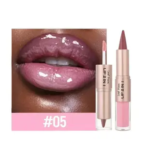 2-in-1 Dual-Ended Lip Gloss & Lipstick, Matte liquid lipstick, Dual-ended with mirror, plant-derived natural squalane, long-lasting moisturizing formula, waterproof matte & glossy effect, berry tones, anti-slip bullet design