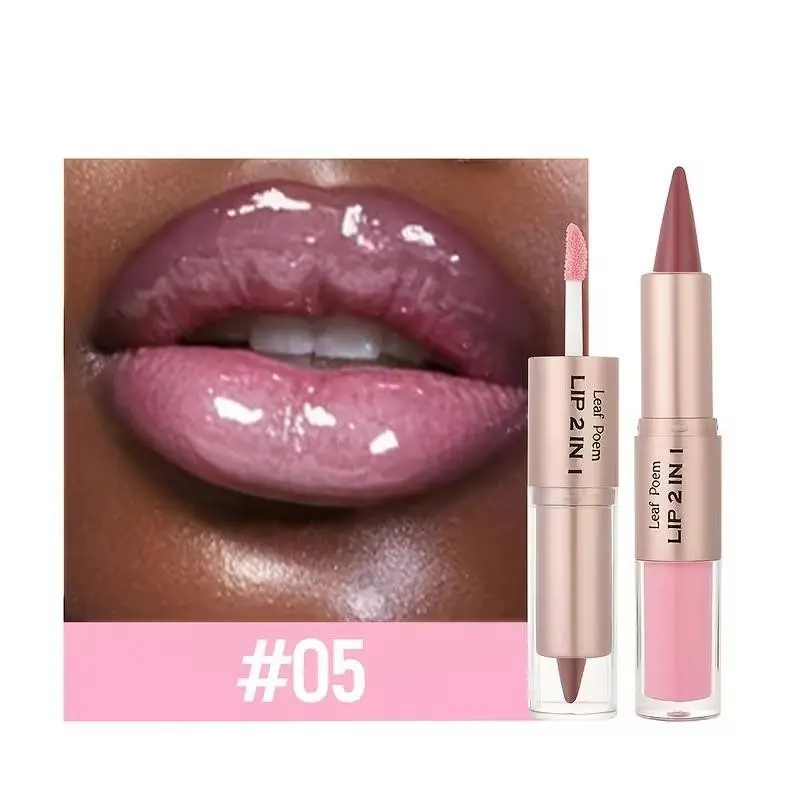 2-in-1 Dual-Ended Lip Gloss & Lipstick, Matte liquid lipstick, Dual-ended with mirror, plant-derived natural squalane, long-lasting moisturizing formula, waterproof matte & glossy effect, berry tones, anti-slip bullet design