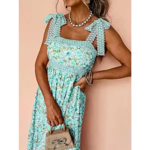 Floral Lace Tie-up High-waisted Maxi Dress