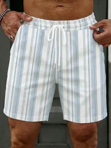 Blue Vertical Striped Casual Shorts, Fresh Color Block Drawstring Waist, Loose Fit, Summer Comfort, Perfect for Vacation and Daily Wear