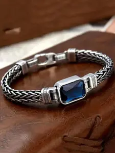 A woven and inlaid blue gemstone men's bracelet made of copper. Characteristic Cuban, bold, retro punk and hip-hop style. A fashionable jewelry combination. Suitable as a gift for boyfriends, birthday gifts, and can be worn in all occasions.