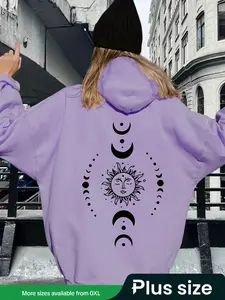 【Plus Size】Moon & Sun Print Hoodie, Casual Long Sleeve Hooded Sweatshirt for Fall & Winter, Women's Plus Clothing for Daily Wear