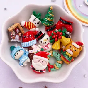 10pcs Mixed Resin Kawaii Colorful Mini Santa Trees Elk Snowman Bells Christmas Tree Box Hat Socks Bear House Flatback Cartoon Christmas Figurines Scrapbook DIY Decor Crafts Accessories Party Decoration Supplies Christmas Ornaments Christmas Decorations
