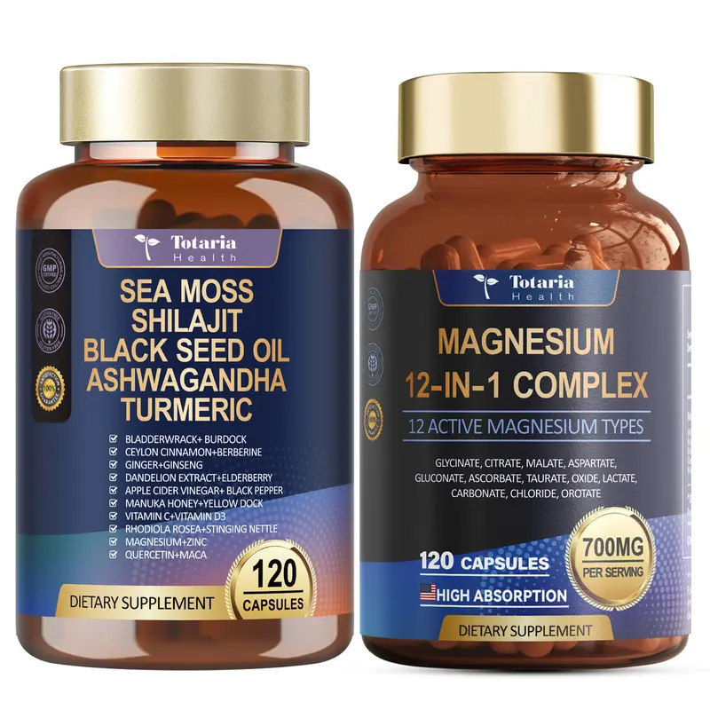 Totaria Ultimate Mineral Boost Duo 12 Form Magnesium Complex and 25 in 1 Sea Moss Ashwagandha Bundle for Total Body Energy and Gut Health