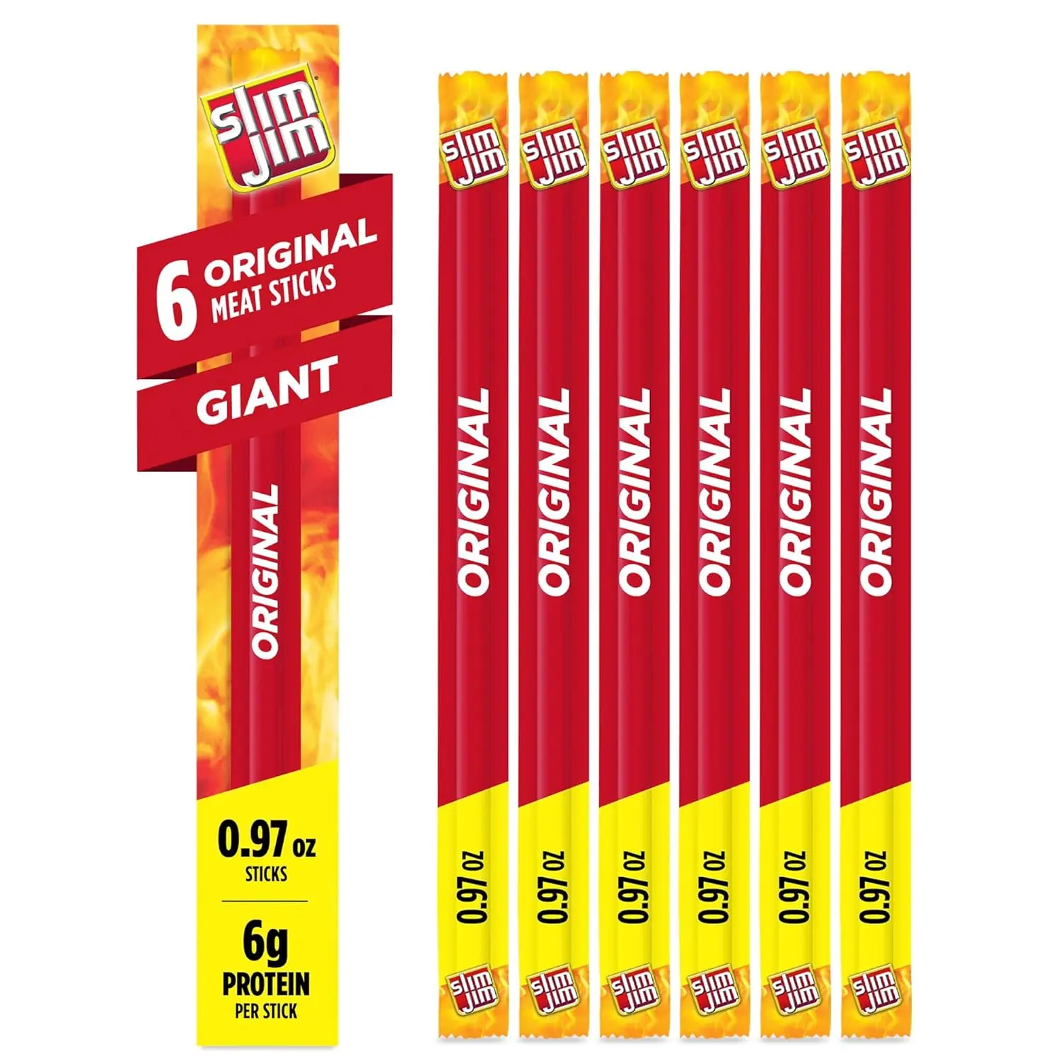 Slim Jim Giant Smoked Meat Sticks - Conagra Brands Original Flavor, Beef-Pork-Chicken (Cow-Pig) Blend, 6-Count Dried Snack, 0.97 oz Each, 6g High Protein Per Stick, Cupboard-Storage Bag, 3-Month Shelf Life, Bakkwa