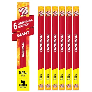 Slim Jim Giant Smoked Meat Sticks, Original Flavor, 6g Protein Per Stick, 0.97 oz, 6-Count Dried Snack (Beef-Pork-Chicken Blend), Cupboard-Storage Bag, 3-Month Shelf Life, Bakkwa, 3 Months