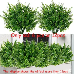 6 or 12 Bundles Artificial Bushes Greenery Plants Stems Faux Shrubs Boxwood Plants Outdoor UV Resistant Fake Eucalyptus for Farmhouse Home Office Wedding Patio Backyard Indoor Outdoor Decor(Green) Realistic Faux Plant Lifelike Fake Plant