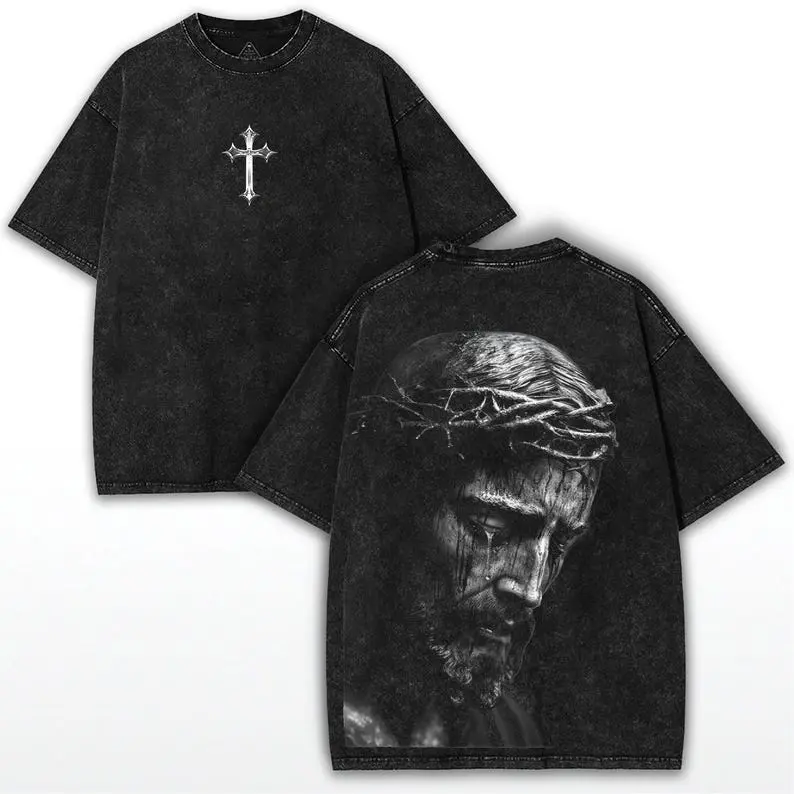 Men's Vintage Jesus Graphic T-Shirt, Oversized Distressed Cotton Round Neck Short-Sleeve for Casual Faith Streetwear