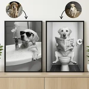 Custom Pet Portrait Funny Bathroom Art, Dog Reading Newspaper On Toilet Wall Decor, Personalized Pet Gift, Dog In Bathtub Home Art