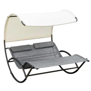 Outsunny Outdoor Double Chaise Patio Rocking Chair, Canopy Shade Day Bed Sun Lounger with Headrest Pillow, Armrests for Garden, Poolside - Light Gray