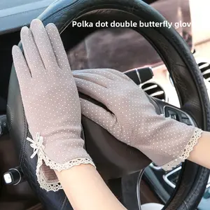 Women's Summer Cotton Polka Dot Ice Silk Gloves - Lightweight, Breathable, Sunscreen, Anti-Skid Extended Driving Gloves with Lace Trim, Bow Detail, Arm Warmer