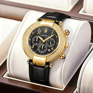 A unisex gold bezel inlaid with luxurious rhinestones, a fashionable sports watch with multifunctional timing and calendar, waterproof, suitable for parties, daily wear, exclusive design, and the best holiday gift hand watch