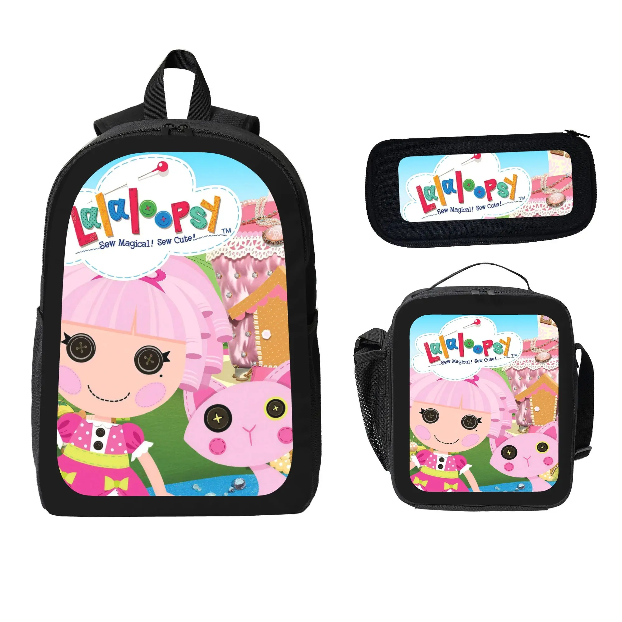 Cute Pink Lalaloopsy Doll & Pet Cat Print Kids Backpack Combo, Oxford Fabric School Supplies Back to School Travel Set with Zipper, Functional Luggage Book Bag Kit