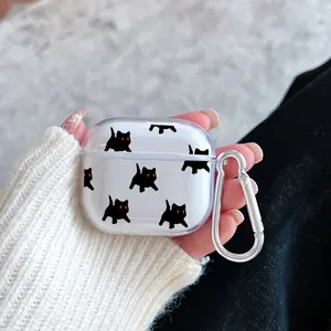 Mystic Black Cat Pattern TPU Soft Protective Case for Apple AirPods 4/3/2/1/Pro/Pro2 Transparent Earphone Cover with Keychain Attachment