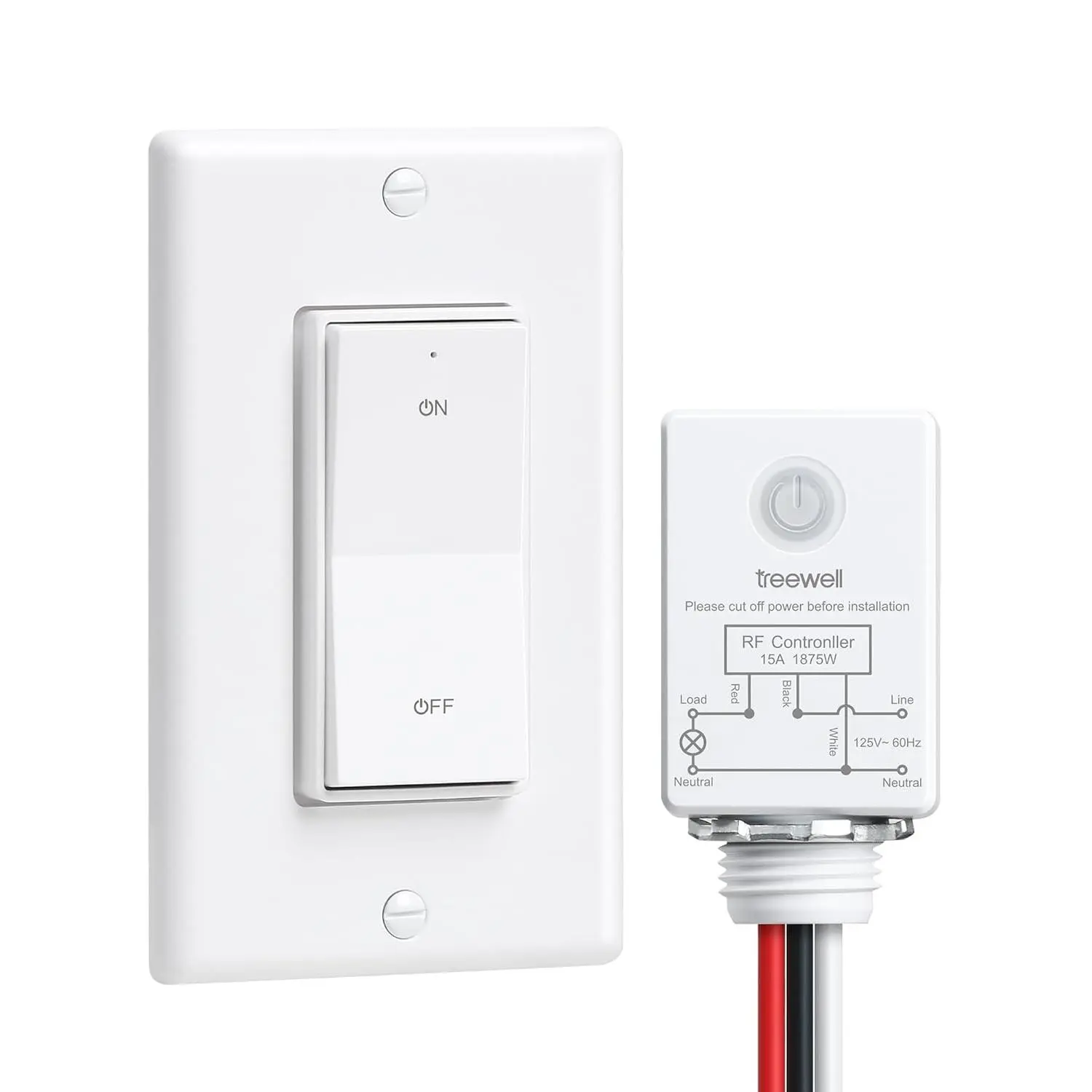1 Wall Switch + 1 Receiver Wireless Remote Control Kit, Detachable Magnetic Decorator Rocker Switch, 15A 1000W Fluorescent/200W LED Compatible, 200 FT RF Range On/Off, No In-Wall Wiring, Programmable Expandable for 1.38x2.54 In Ceiling Lights & Fans, Remo